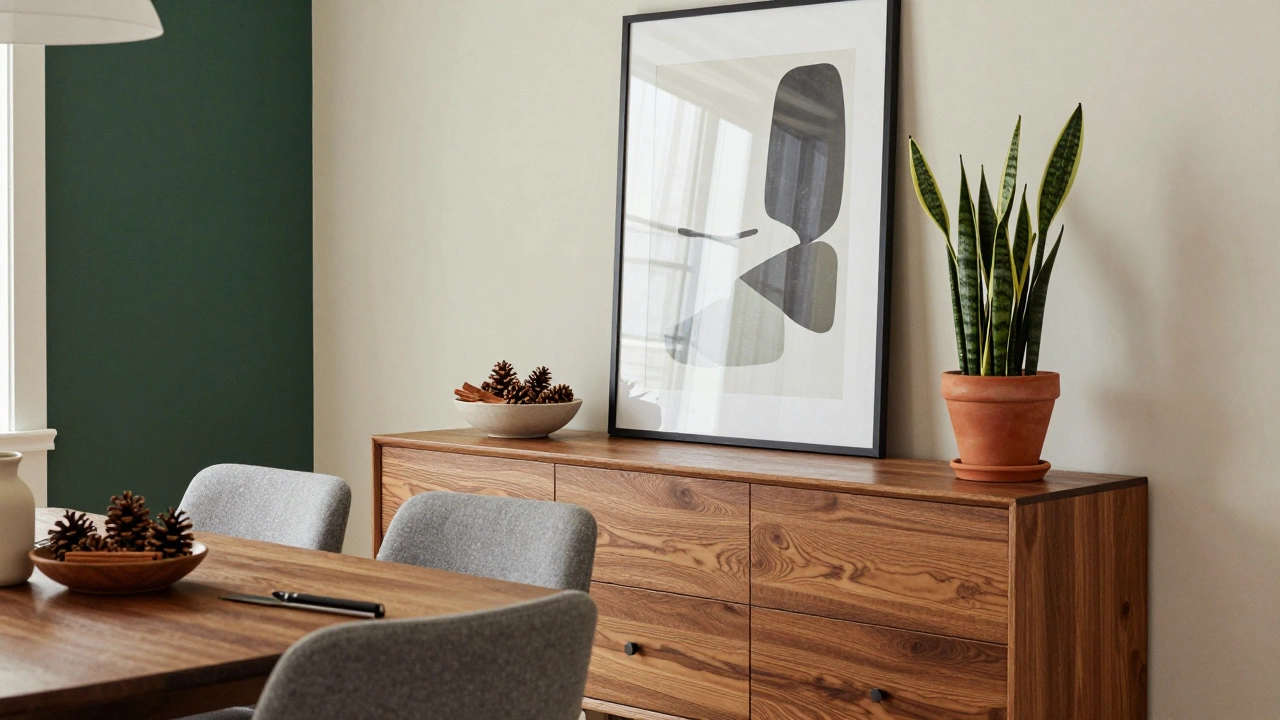 Dining room buffet with plants, mirror, and seasonal decor