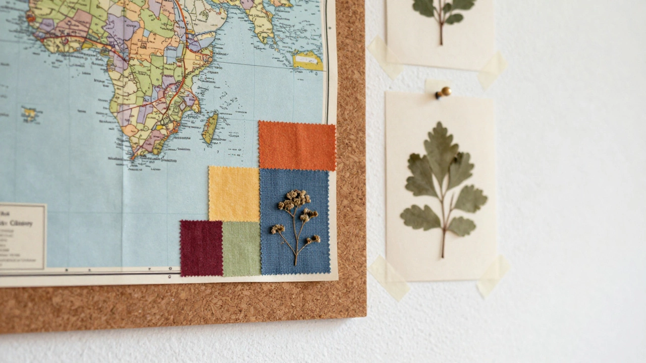 DIY wall art collage using maps, fabric scraps, and pressed leaves