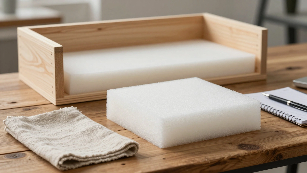 Foam block, fabric swatch, and sofa frame parts on a wooden table.