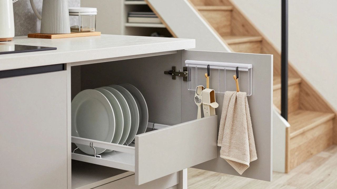 Hidden storage details including under-stair drawers and toe-kick cabinets