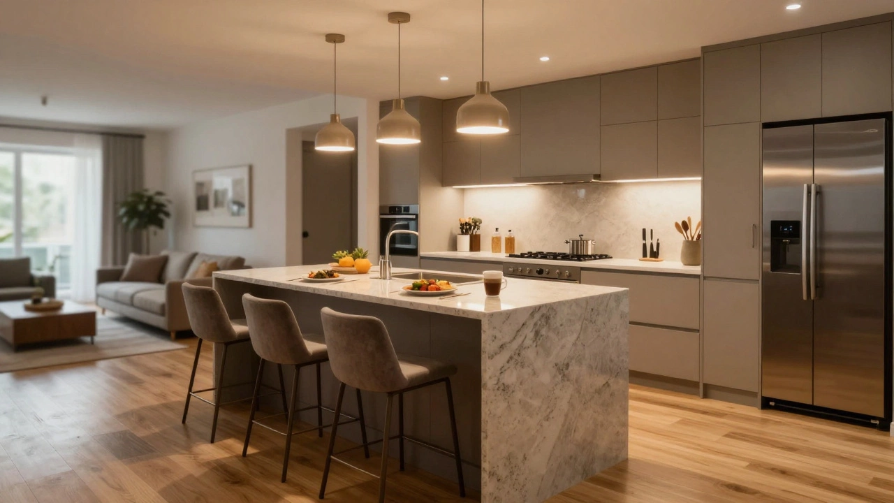 Kitchen island with bar stools serving as a casual dining area in an open-plan home.
