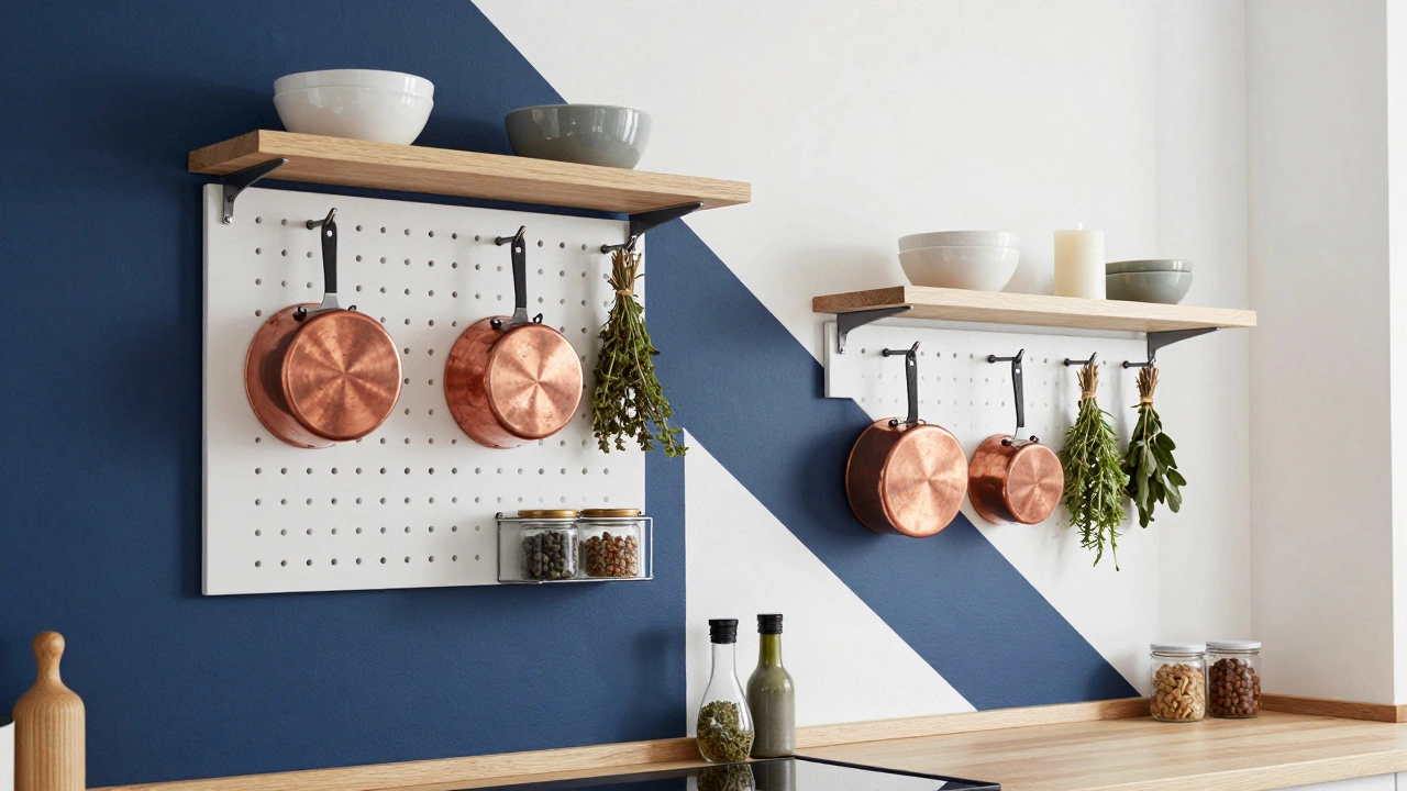 Kitchen wall with navy blue geometric paint accent and functional pegboard storage