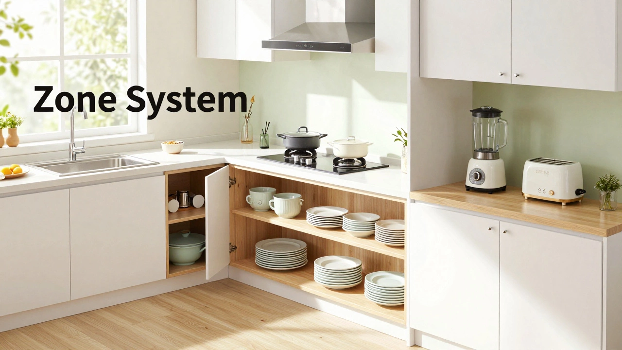 Kitchen workspace organized into distinct functional zones