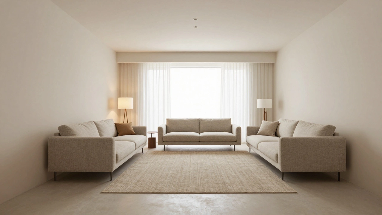 Living room with sofa floated away from wall for better flow and intimacy