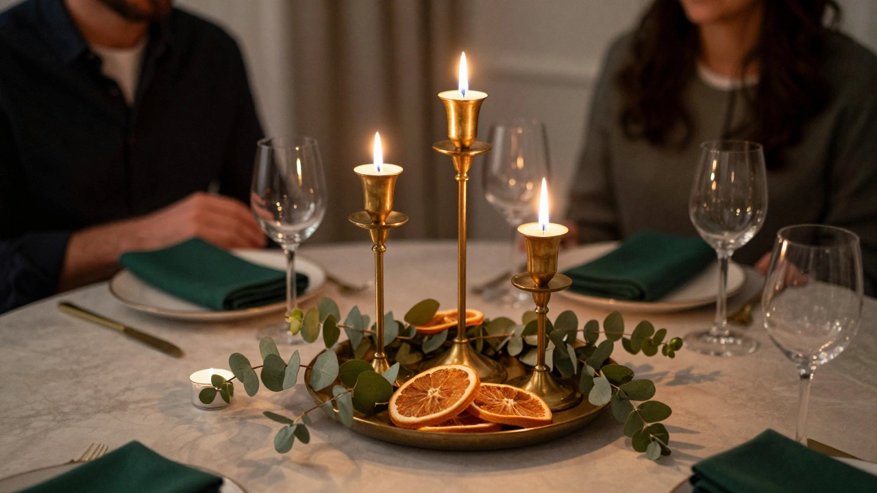 Low brass candle centerpiece with eucalyptus on dining table