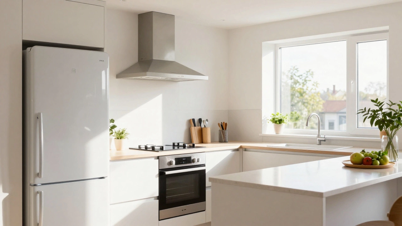 Modern kitchen with fridge and stove separated by an island