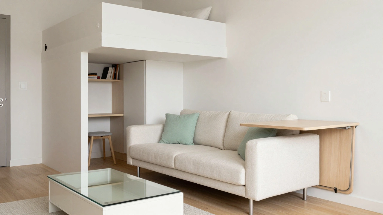 Multi-functional furniture like sofa beds and foldable tables in a compact home