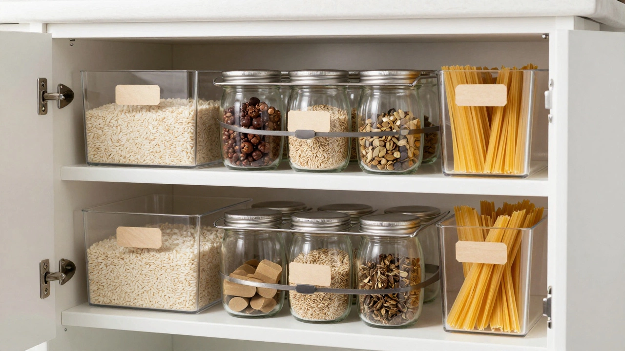 Neatly arranged deep cabinet with clear bins and spice rack