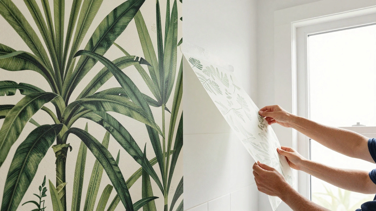 Person applying peel-and-stick botanical wallpaper in a modern bathroom