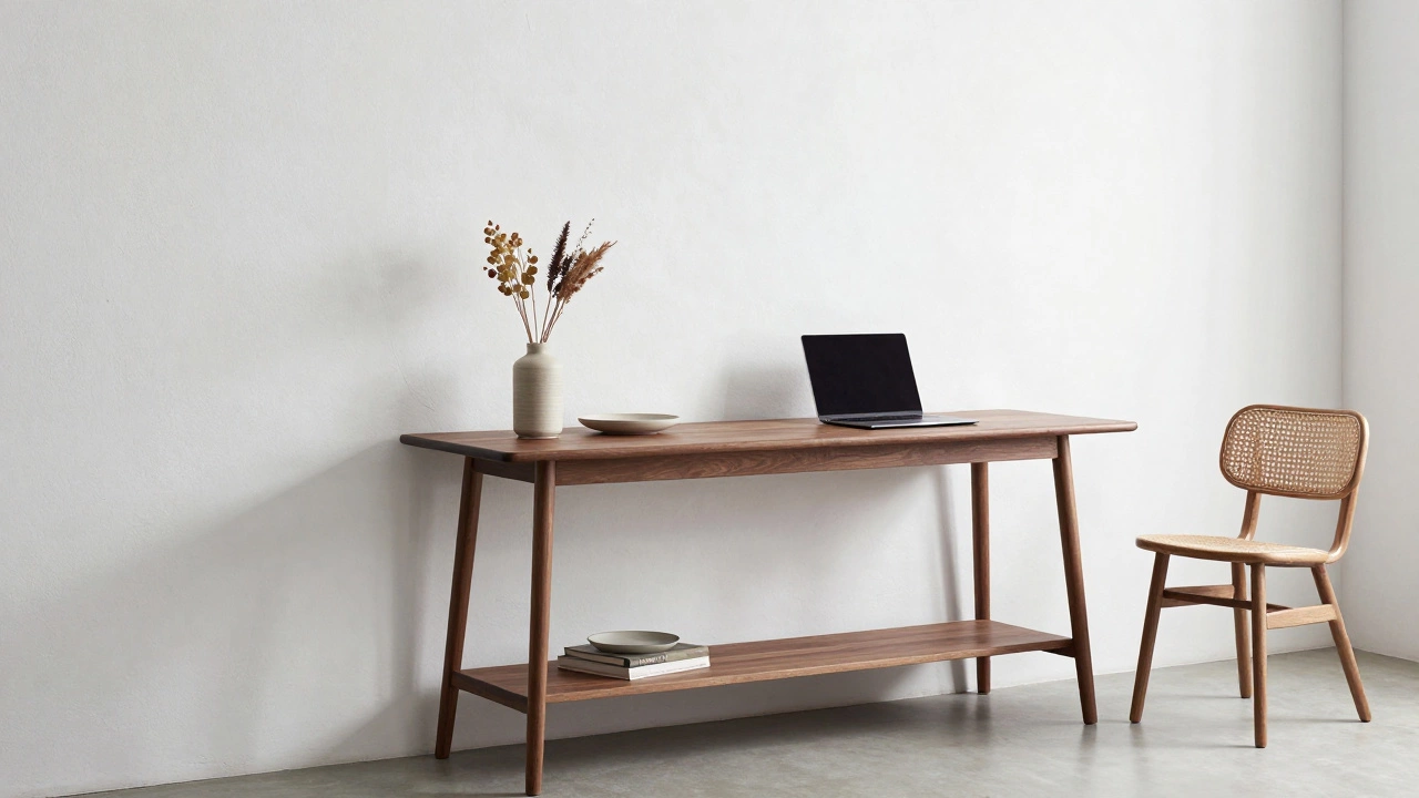 Slim console table used for dining and work in a minimalist, airy studio space.