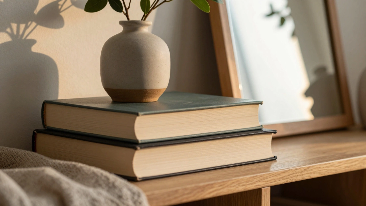 Styled shelf with stacked books, vase with greenery, and mirror reflecting light
