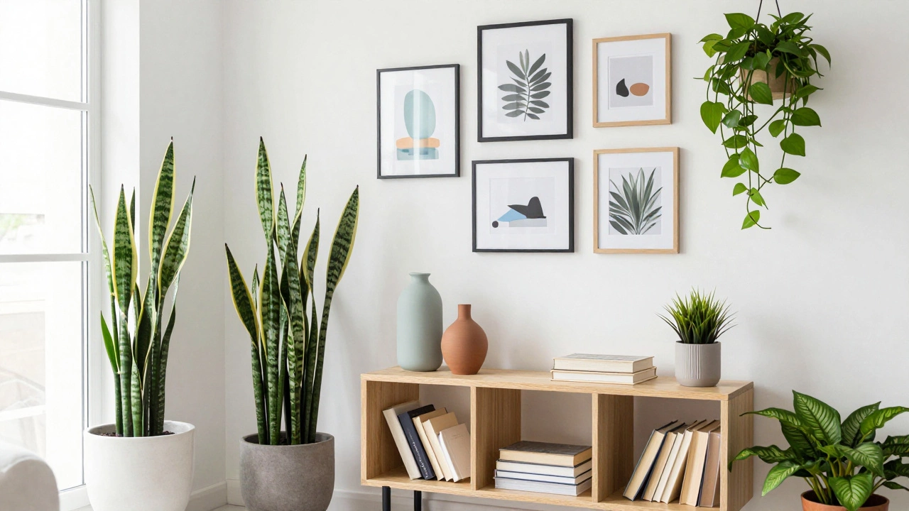 Bright living room with indoor plants, gallery wall art, and organized shelves.