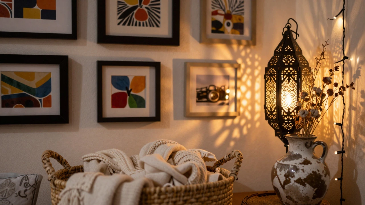 Close-up of boho decor details including Moroccan lantern, gallery wall, and woven baskets.