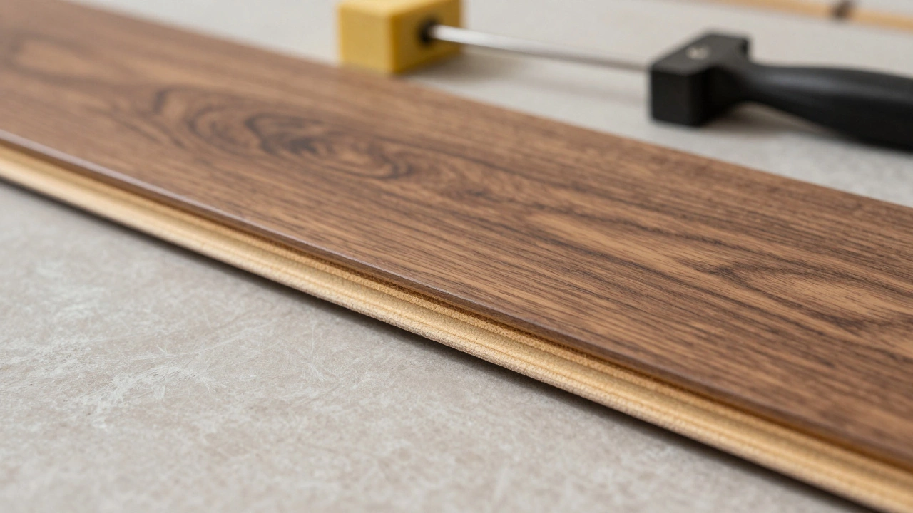 Close-up of engineered wood plank layers during installation