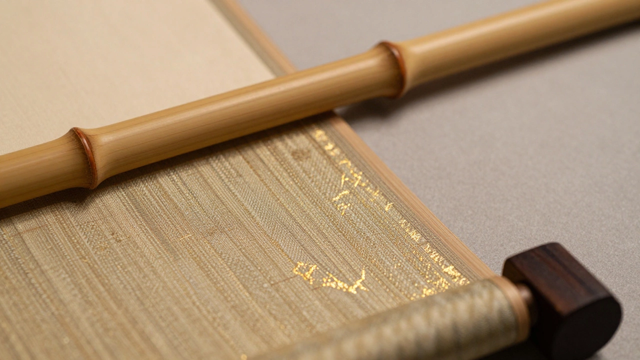 Close-up of silk borders and wooden rods of a kakemono scroll