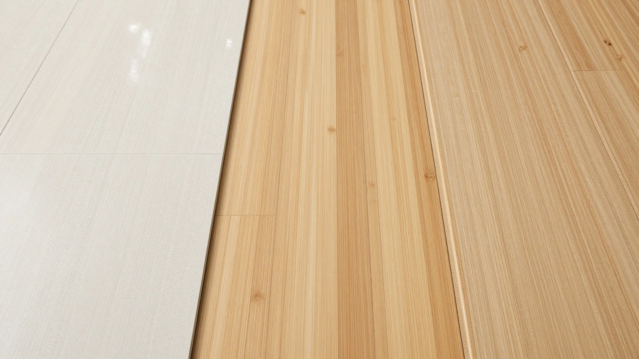 Comparison of porcelain tile, bamboo, and laminate flooring textures