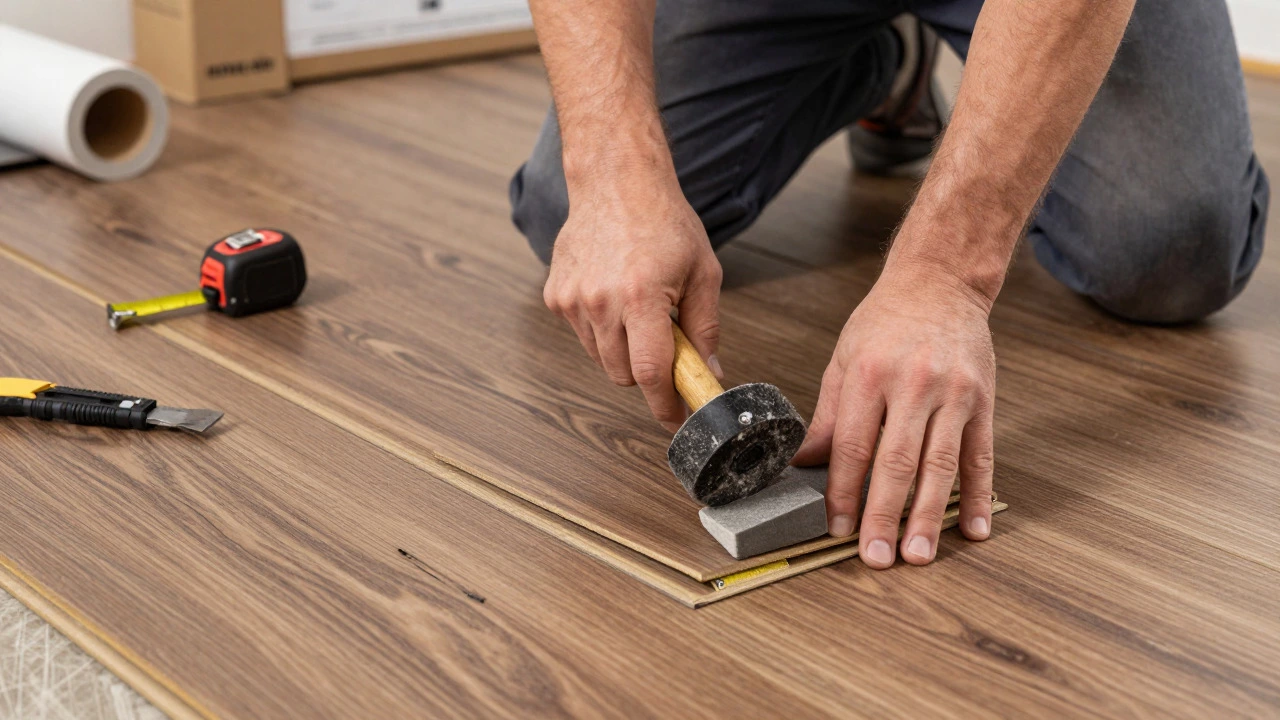 Contractor installing luxury vinyl plank flooring with tools nearby