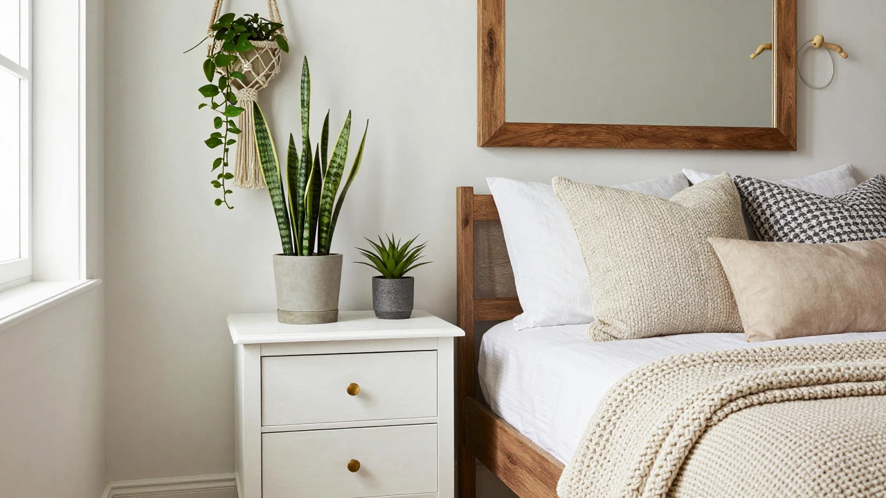 Cozy bedroom corner with upcycled furniture, plants, and layered textiles