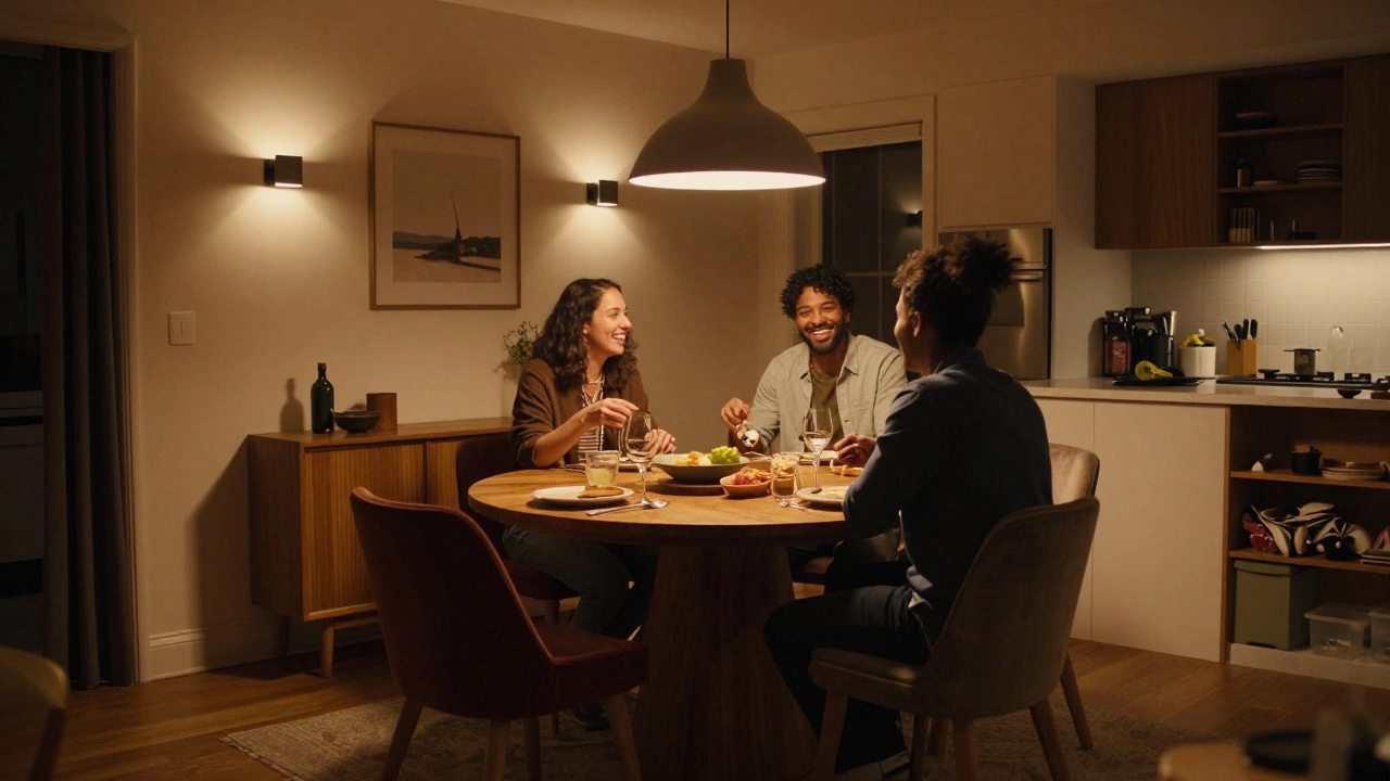 Cozy evening dinner scene with mixed chairs and layered ambient lighting