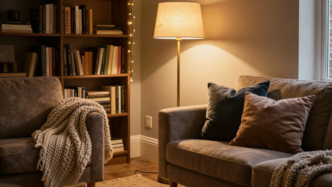 Cozy living room corner with layered lighting, textured textiles, and warm glow.