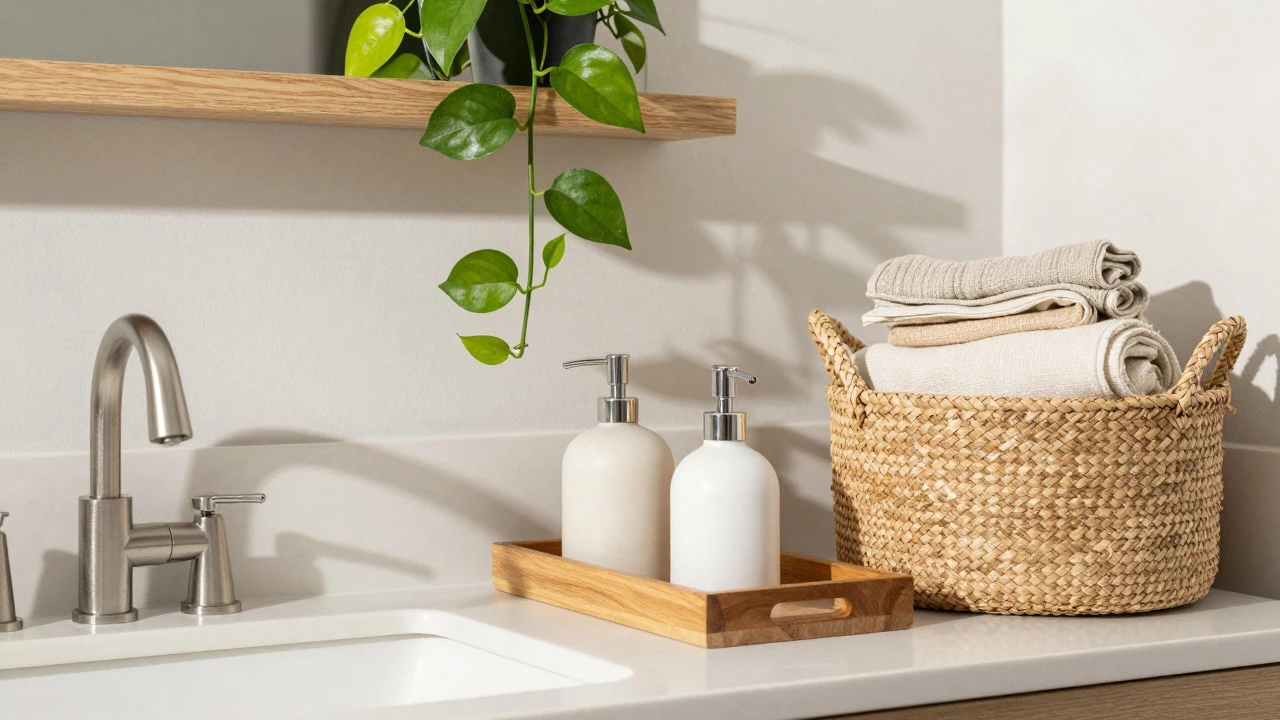 Decluttered bathroom counter with ceramic accessories, wood tray, and trailing plant