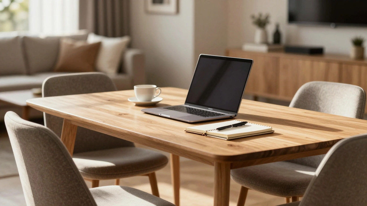 Dining table used as a hybrid home office workspace with laptop and ergonomic chairs