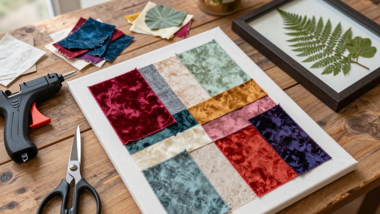 DIY fabric collage and pressed botanicals on a wooden work surface