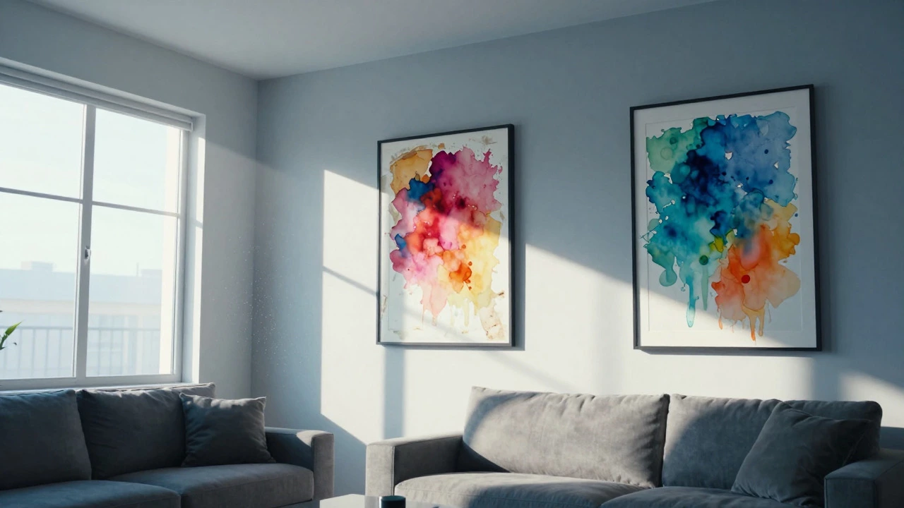 Faded watercolor print on a wall exposed to direct sunlight