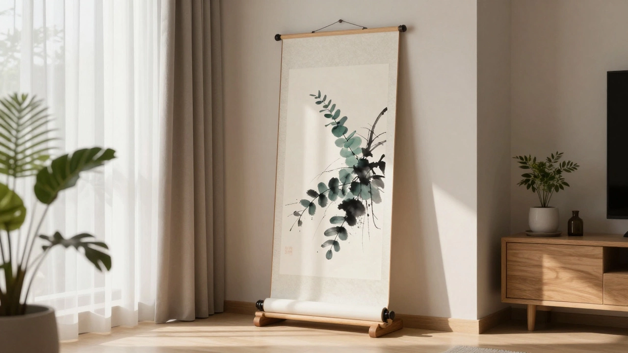 Kakemono on a wooden stand in a modern Japandi style living room