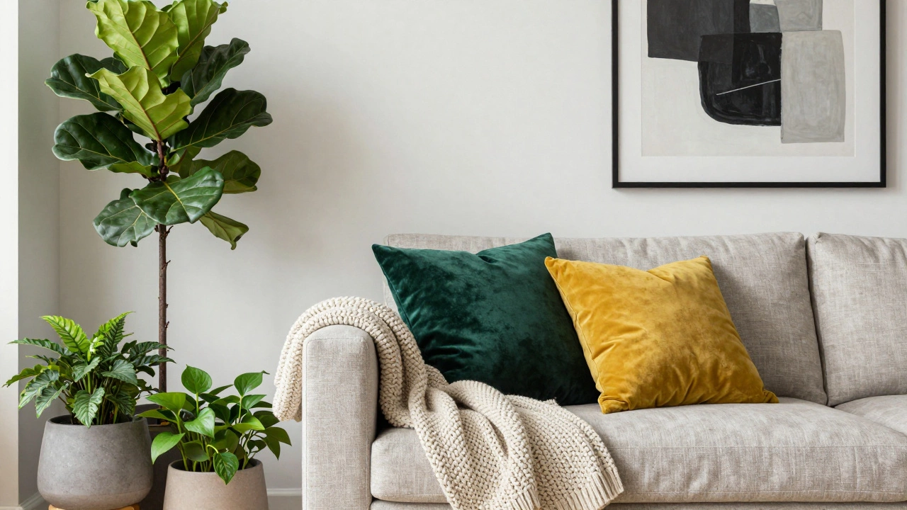 Living room corner with textured fabrics and potted plants