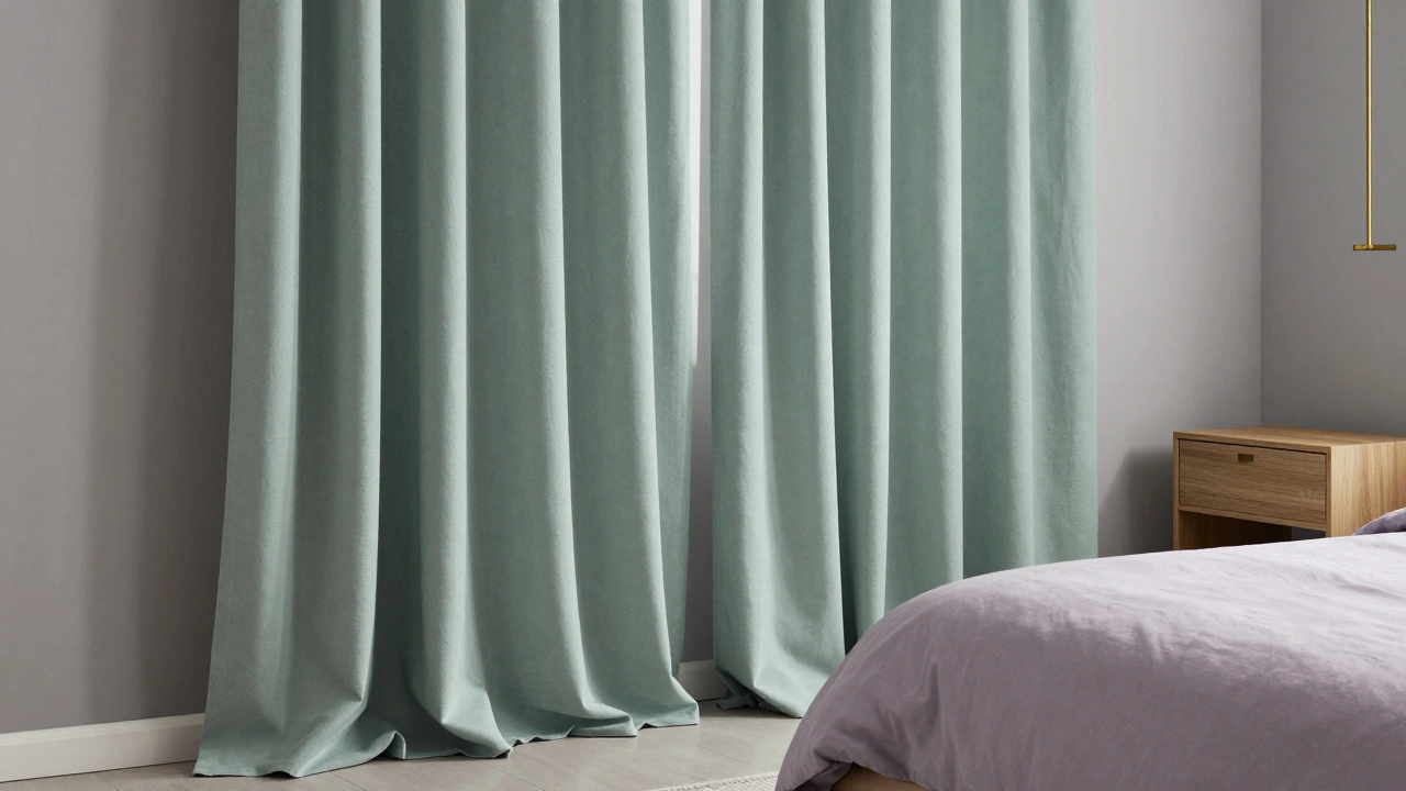 Sage green curtains in a calm, modern bedroom sanctuary