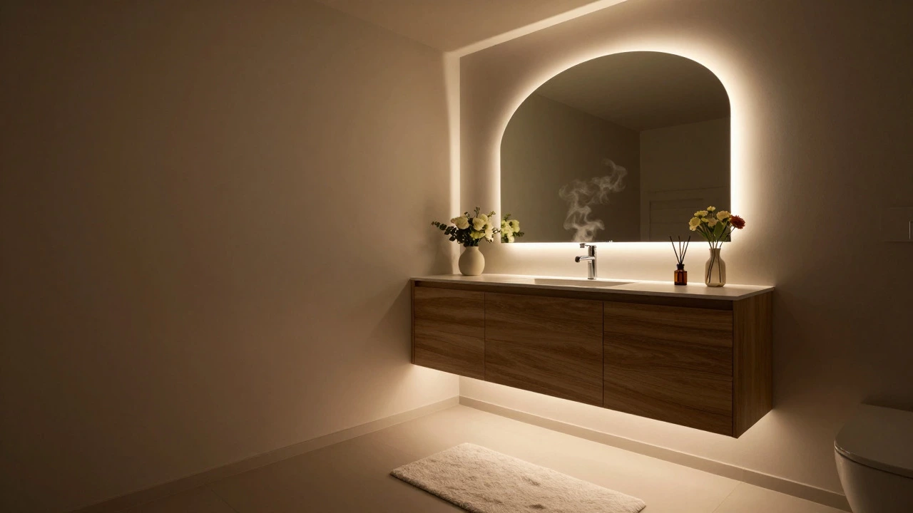Serene bathroom retreat with arched mirror, diffuser, and soft ambient lighting