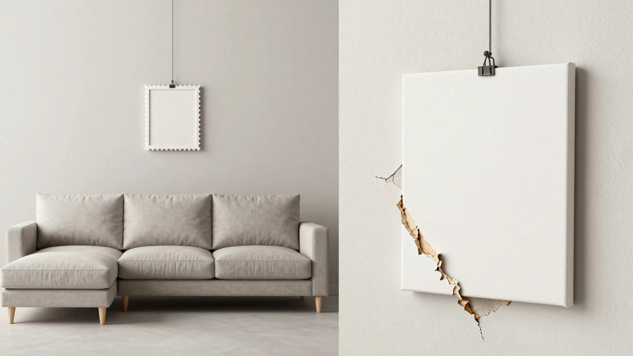 Tiny frame over large sofa and heavy art pulling off drywall