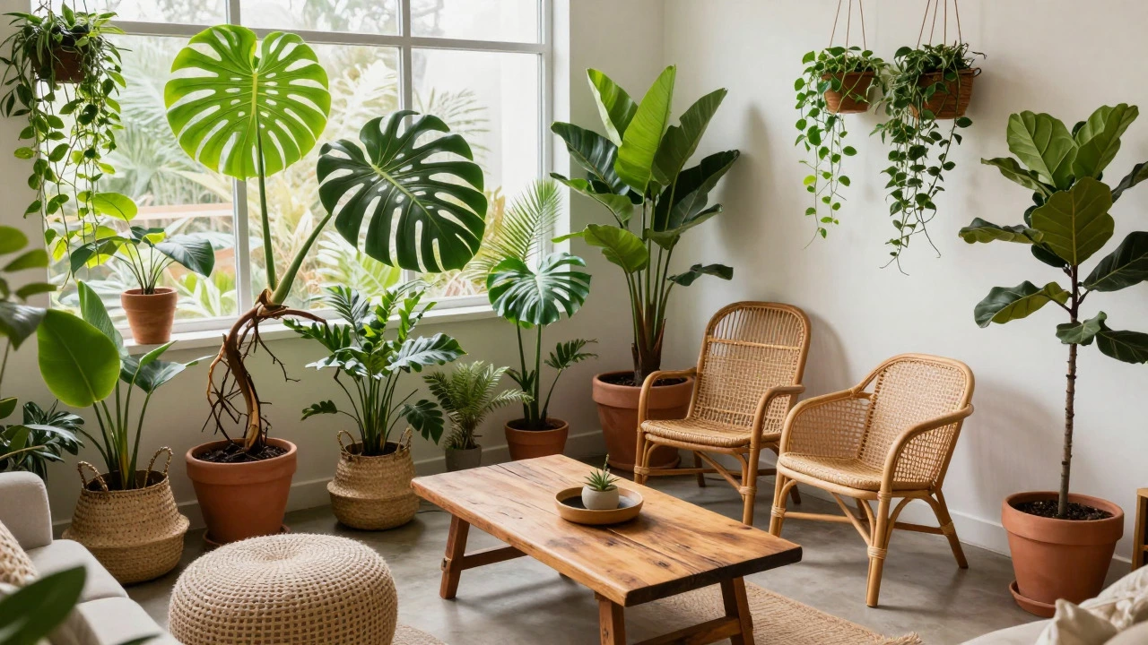 Vibrant bohemian interior filled with large potted plants, hanging vines, and vintage rattan furniture.