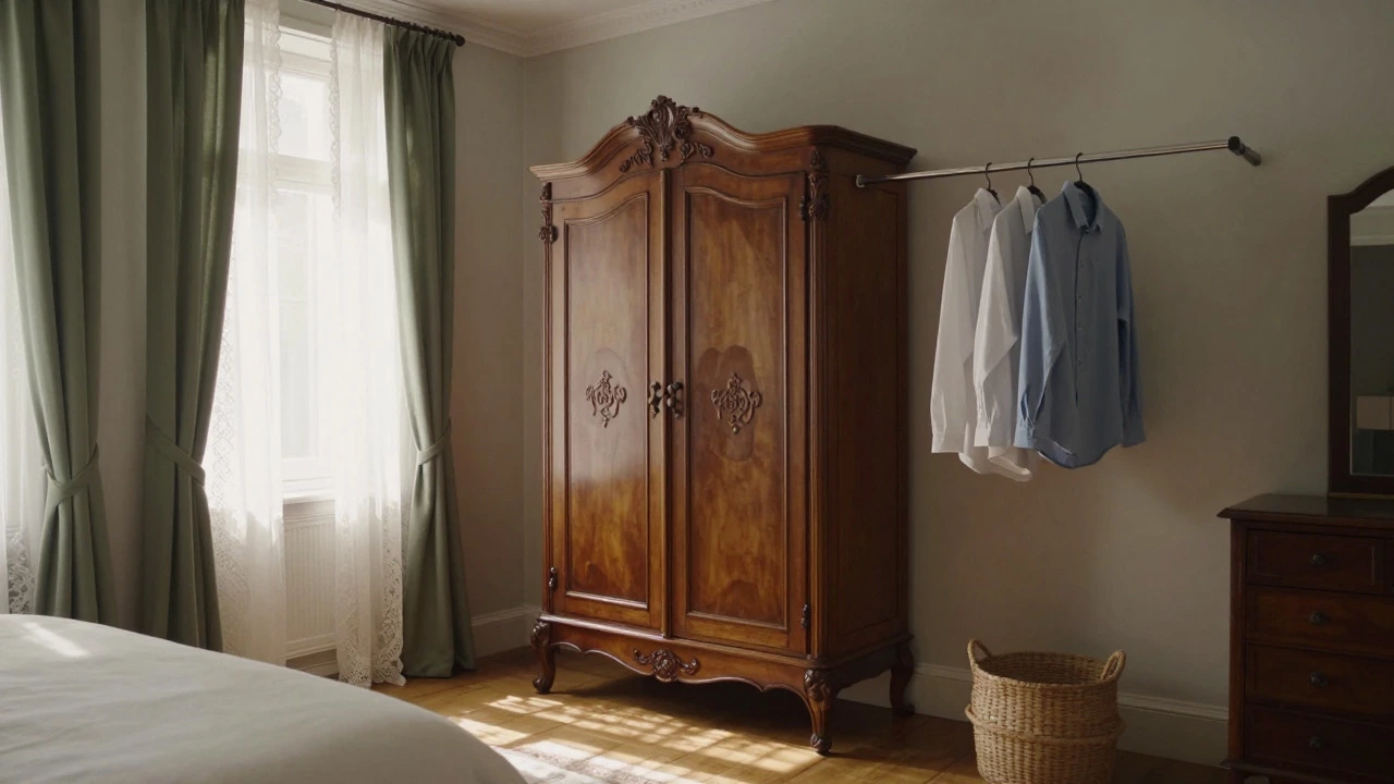 Antique armoire and tension rod in European bedroom