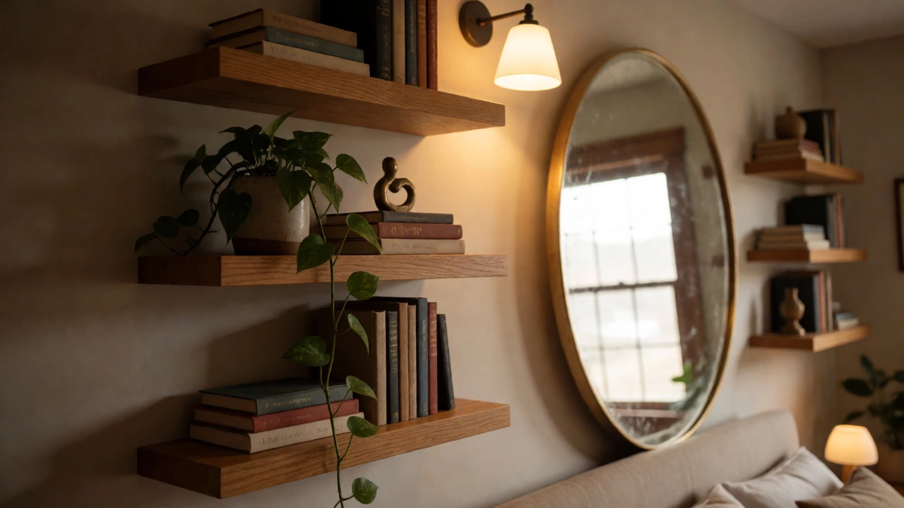 Bedroom wall with floating shelves, plants, and a leaning mirror.