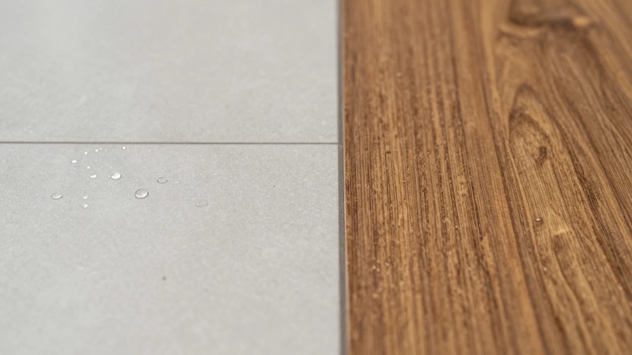Close-up comparison of waterproof tile and warm wood flooring textures