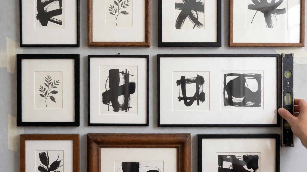 Close-up of hands arranging a curated gallery wall of framed art.
