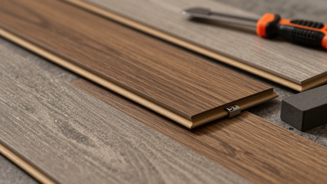 Close-up of luxury vinyl plank samples with installation tools
