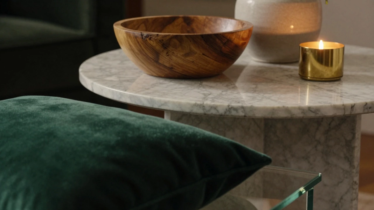 Close-up of mixed textures including wood, marble, velvet, and brass decor