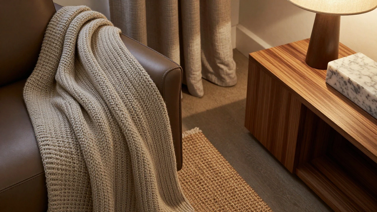 Close-up of mixed textures including wool, leather, and stone