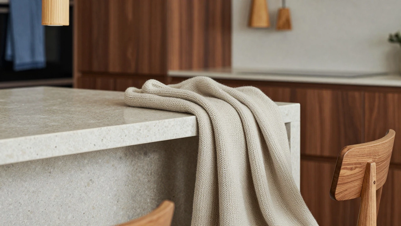 Close-up of textured materials including travertine stone, knitted wool, and bamboo lighting in a modern interior.