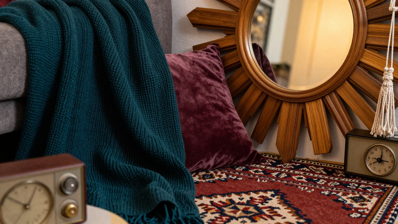 Close-up of textured retro textiles, a sunburst mirror, and vintage accessories in a cozy interior setting.
