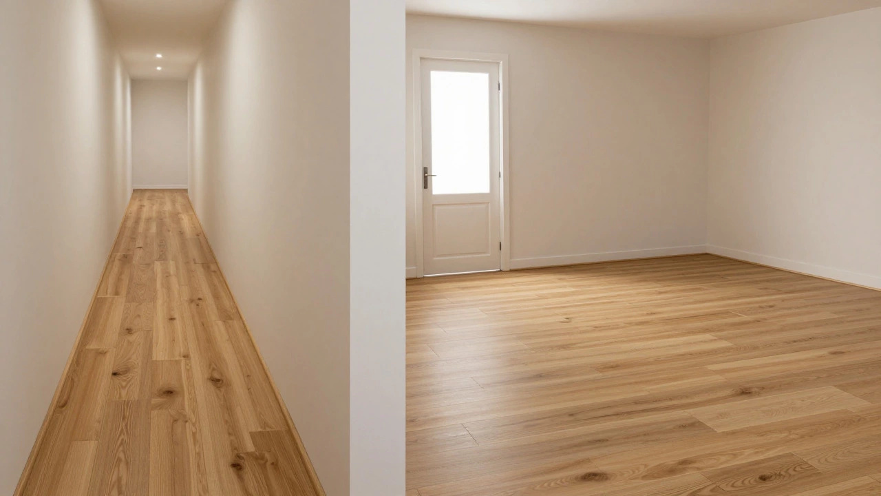 Comparison of lengthwise flooring in a hallway versus perpendicular layout in a room