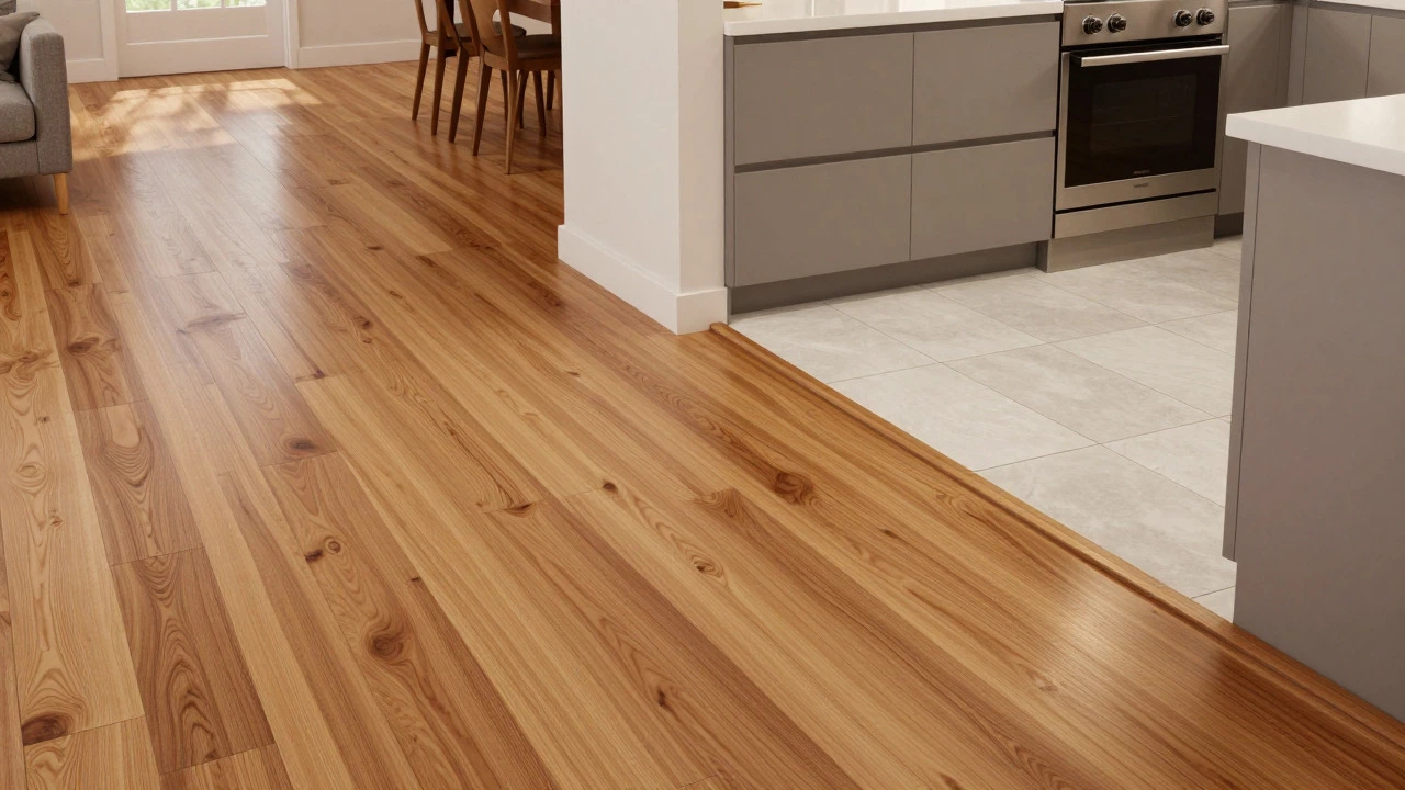 Continuous hardwood flooring flowing seamlessly from living room into kitchen