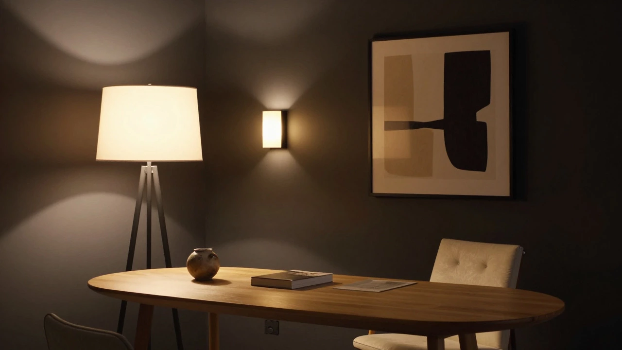 Cozy home office at night with layered warm lighting, charcoal walls, and a curated wooden desk setup.