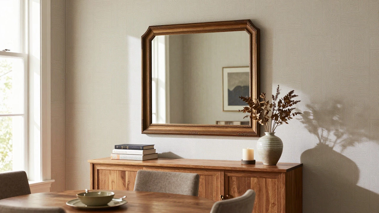 Dining room sideboard with a large mirror and curated decorative items