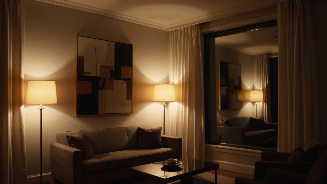 Evening interior with layered warm lighting and a large mirror