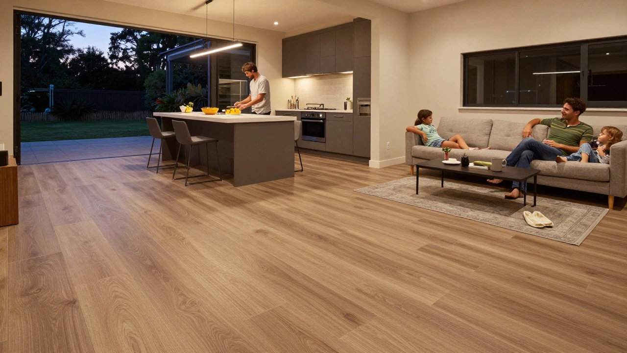 Family enjoying open-plan living with continuous stone-look vinyl flooring