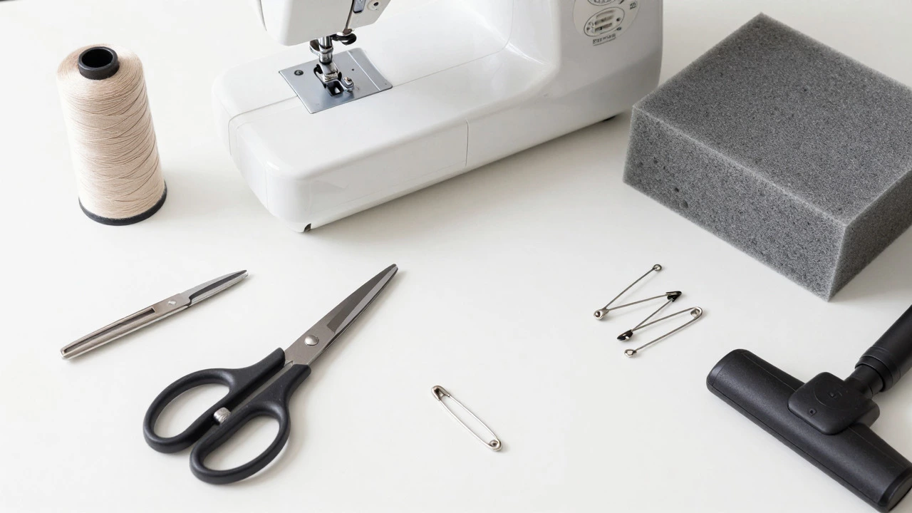 Flat lay of sewing machine, scissors, and foam for couch repair